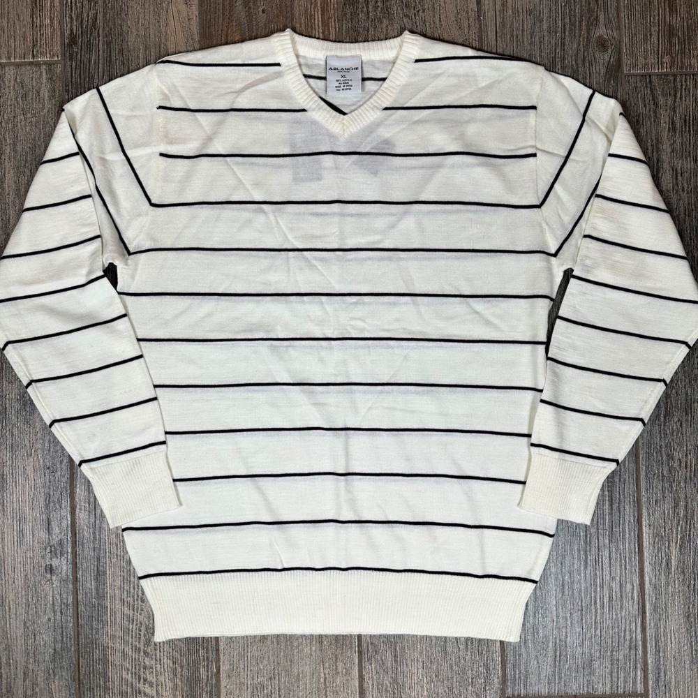 Ablanche New York Men's XL Off White Black Striped V-Neck‎ Sweater